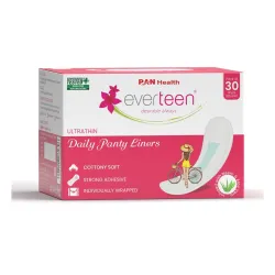 everteen Panty Liners for Women, 30 Liners 185mm with Aloe Vera & Neem, Less than 1mm Ultra thin Cottony Soft Pantyliner