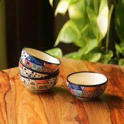 ExclusiveLane 'The Hut' Handpainted Ceramic Dining Bowl Katoris (Set of 4) | Dining Bowl Set Dining Bowls Serving Set Ceramic Bowls for Kitchen
