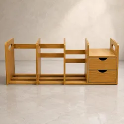 Expandable Wooden Desk Organizer with 2 Drawers Adjustable Desktop Bookshelf Office Desk Storage Rack Study Table File Holder Stationery Organizer Engineered Wood Brown