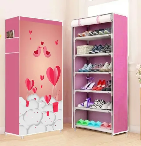 Image of EXPOSURE Multipurpose Shoe Rack Printed PINK LOVE BIRD. Metal Collapsible Shoe Stand (Light Pink, 6 Shelves, DIY(Do-It-Y