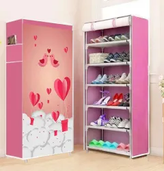 EXPOSURE Multipurpose Shoe Rack Printed PINK LOVE BIRD. Metal Collapsible Shoe Stand (Light Pink, 6 Shelves, DIY(Do-It-Y