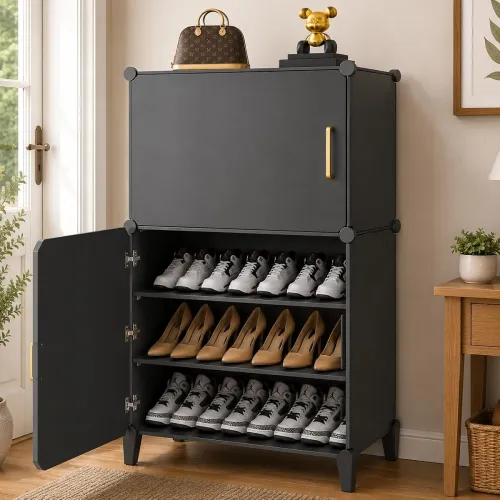 Image of EXVITO Plastic Shoe Rack for Home with Door, 2-Door Shoe Storage Cabinet