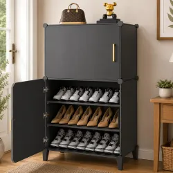 EXVITO Plastic Shoe Rack for Home with Door, 2-Door Shoe Storage Cabinet | 6-Shelfs for 12 Pairs | Waterproof & Portable DIY Shoe Slipper & Chappal Stand for Entryway/Bedroom - Grey