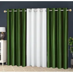 Eyelet Polyester Modern Solid Crush Set of 3 Pcs. Window Curtains (5 Feet, 2 Dark Green + 1 White)
