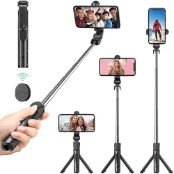 EYUVAA LABEL Triple Function Selfie Stick Tripod with Bluetooth Remote, Extendable Portable Tripod Stick for All Smartphones (Black)