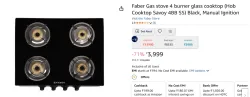 Faber Gas stove 4 burner glass cooktop