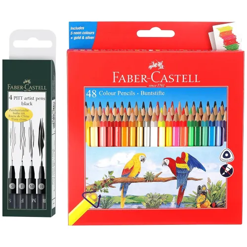 Image of Faber-Castell Pitt Artist Pen Set & Triangular Colour Pencils (48 Pack)