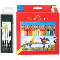 Faber-Castell Pitt Artist Pen Set & Triangular Colour Pencils (48 Pack)