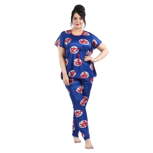 Image of Fabme Women's Satin Printed Kaftan Top & Pyjama Set