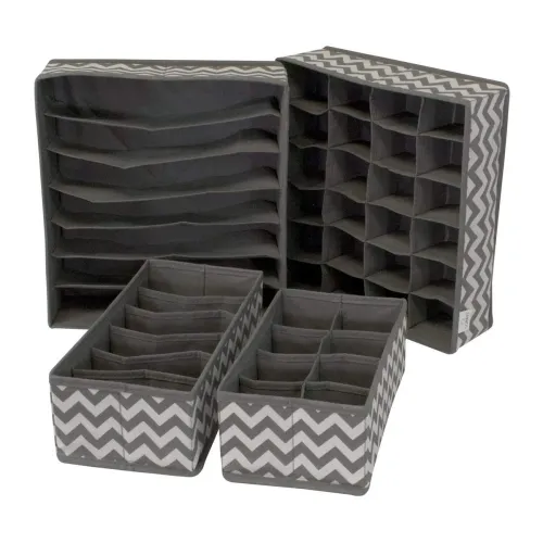 Image of Fabric Set Of 4 Foldable Wardrobe Drawer Organizers With Dividers, Closet Storage Organiser For Socks, Lingerie, Tie, Sc