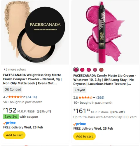 Image of FACES CANADA Beauty products Upto 60% Discount | Starting @ ₹152