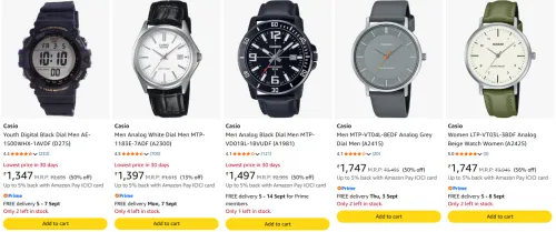 Image of Falt 50% off casio men watch starting @ ₹1347