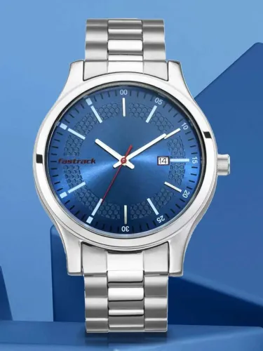 Image of Fastrack With Date Blue Dial Silver Stainless Steel Strap Analog Watch - For Men 3240SM02