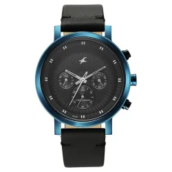 Fastrack Kronos Quartz Chronograph Black Dial Black Leather Strap Watch for Guys - NT3287QL01