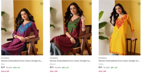 Image of Fembliss Women's Kurtis upto 98% Discount | Starting at ₹77