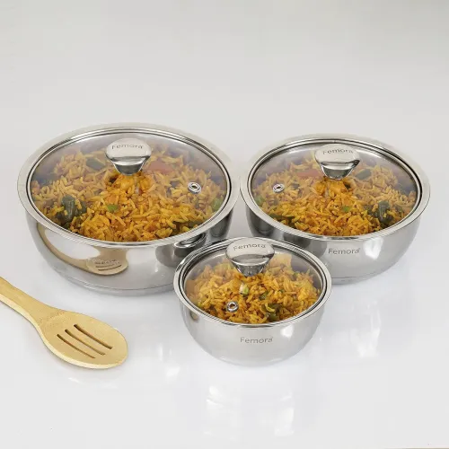 Image of Femora Stainless Steel Double Wall Insulated Curry Server Bowl - 500ml, 900ml, 1500ml, Set of 3 Silver, 1 Year Warranty 