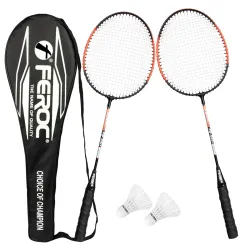 FEROC 2 Pieces Aluminium Badminton Racket with 3 Pieces Feather Shuttles with Full-Cover Set,Aluminum, Multicolor (Orang