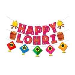 Festiko Happy Lohri Banner With Kites, Drums & Fire Signs - Decoration Backdrop for Lohri Party