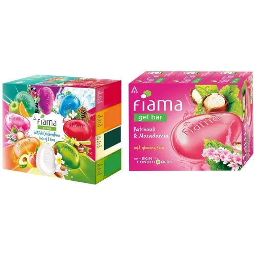 Image of Fiama Gel Bathing Bar Mega Celebration Pack, 125g Soap (Pack Of 8) & Fiama Gel Bar Patchouli And Macadamia For Soft Glow
