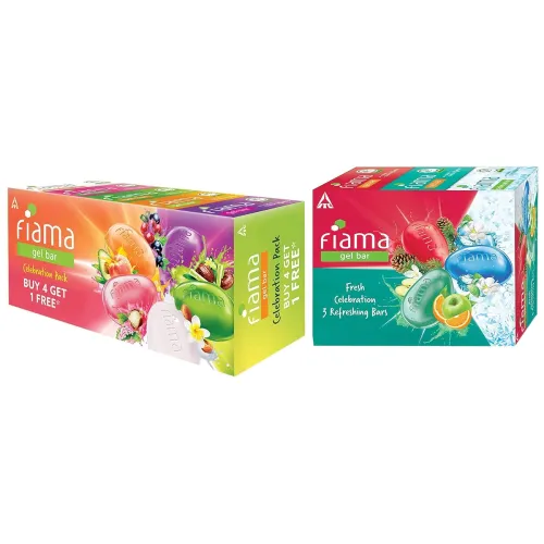 Image of Fiama Gel Bar Celebration Pack, 125g Soap (Buy 4 Get 1 Free) & Fiama Gel Bathing Bar Fresh Celebration pack, with 3 uniq