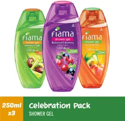 FIAMA Shower Gel Lemongrass & Jojoba, Blackcurrant & Bearberry , Peach & Avocado - Pack of 3 (3 x 250 ml)