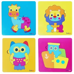 Fiddlys 3D Cute Cartoon Wooden Jigsaw Puzzles for Kids & Children Double Layered Wooden Puzzles with Bright Front & Back Print (Pack of 4 Baby Animal + Ship)