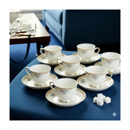 Image of Fine Bone China Floral Tea Cup & Saucer Set (180ml * Set of 6)