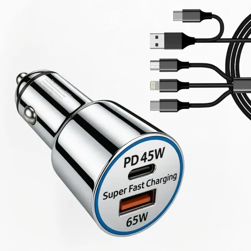 Image of Fire Turtle 110W Triple Output Fast Car Charger with 45W Type-C Cable, 65W QC USB Port, Compatible with Laptop, iPhone &