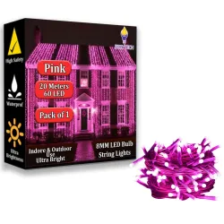 Fizzytech 20m 60 LED Fairy String Light, 8mm Pink Decorative