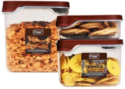 Image of FLAIR Plastic Grocery Container - 0.55 L, 1.15 L, 1.8 L (Pack of 3, Maroon)