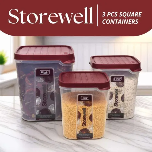 Image of FLAIR Plastic Grocery Container - 6 L, 8 L, 12 L (Pack of 3, Maroon)