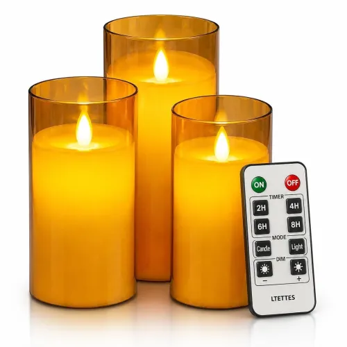 Image of Flameless LED Candles | Gold Acrylic Fiber Glass | Battery Powered with Remote Control & Timer | Decorative LED Set for 