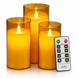 Flameless LED Candles | Gold Acrylic Fiber Glass | Battery Powered with Remote Control & Timer | Decorative LED Set for 