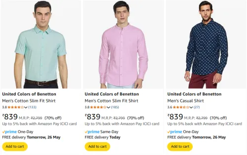 Image of Flat 70% Discount on UNITED COLORS OF BENETTON Men's Shirts