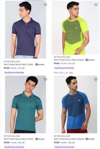 Image of Flat 70% Discount on PETER ENGLAND Men's T Shirts 