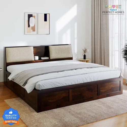 Image of Flipkart Perfect Homes Stout with Storage Headboard Solid Wood King Box Bed, 220 cm x 189 cm (7.22 ft x 6.2 ft) (Finish 