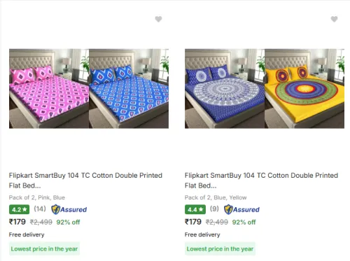 Image of Flipkart Smartbuy Bedsheets @ Start ₹179