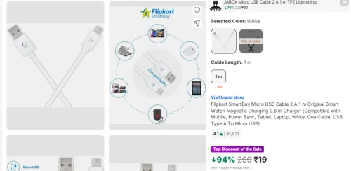 Image of Flipkart SmartBuy Micro USB Cable 2 A 1 m Original Smart Watch