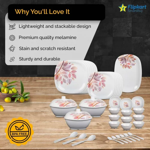 Image of Flipkart SmartBuy Pack of 40 Melamin Autumn Grove|Dishwasher Safe|Stain Resistant Dinner Set (White, Brown)