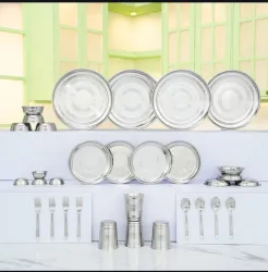 Flipkart SmartBuy Pack of 32 Stainless Steel Flipkart SmartBuy Dinner Set (Steel, Microwave Safe)