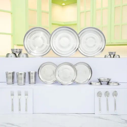 Image of Flipkart SmartBuy Pack of 24 Stainless Steel Flipkart SmartBuy Dinner Set (Steel, Microwave Safe)