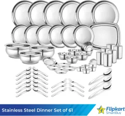 Flipkart SmartBuy Pack of 61 Stainless Steel Dinner Set |Kitchen Set for Home | Heavy Gauge Dinner Set (Silver)