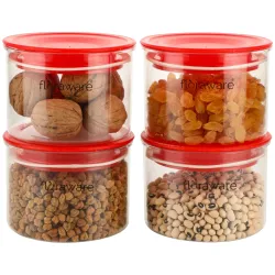 Floraware Plastic Air Tight BPA Free Round Push Multipurpose Matte Lid Containers Set for Kitchen Storage Organizer for Grains, Spices, Snacks Storage 500ml Pack of 4 (Red)