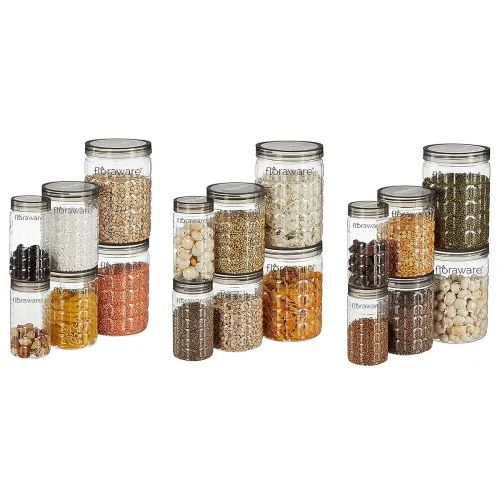 Image of Floraware Jar Container, Set of 18 (6 pcs x 280 ml Each, 6 pcs x 500 ml Each, 6 pcs x 1000 ml), Kitchen Organiser, BPA F