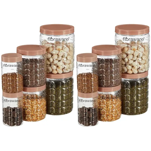 Image of Floraware Jar Container, Set of 12 (4 pcs x 280 ml Each, 4 pcs x 500 ml Each, 4 pcs x 1000 ml), Kitchen Organiser, BPA F
