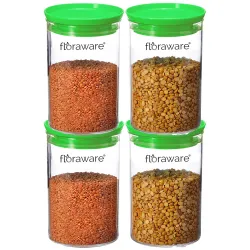 Floraware Plastic Air Tight BPA Free Stackable Round Push Multipurpose Containers For Kitchen Organizer 900ml for Rice Dal Flour Snacks Cereals Pack of 4 (Green)