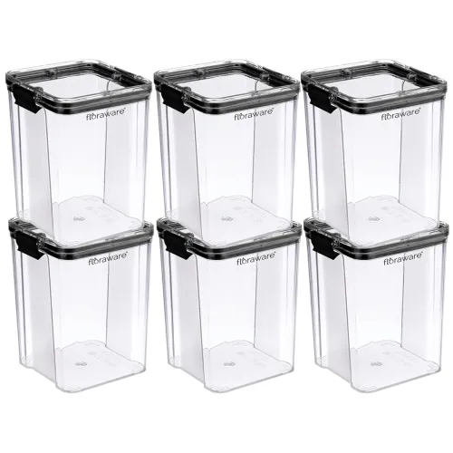Image of Floraware Plastic Square Airtight Containers Pack of 6, 1200ml, Black