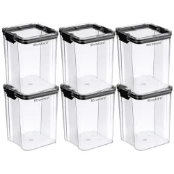 Floraware Plastic Square Airtight Containers Pack of 6, 1200ml, Black