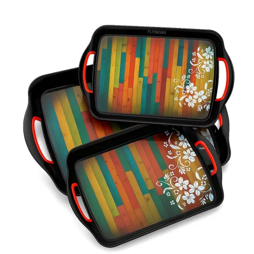 Image of FLYMORE Melamine Serving Trays for Home & Kitchen | Printed Colorful Wood Design with Floral Pattern | Black & Red Handl
