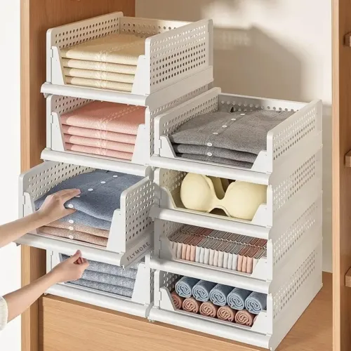 Image of flymore Stackable Plastic Closet Organizer Bins with Front Opening – Foldable Storage Drawers for Clothes, Towels, Toys,